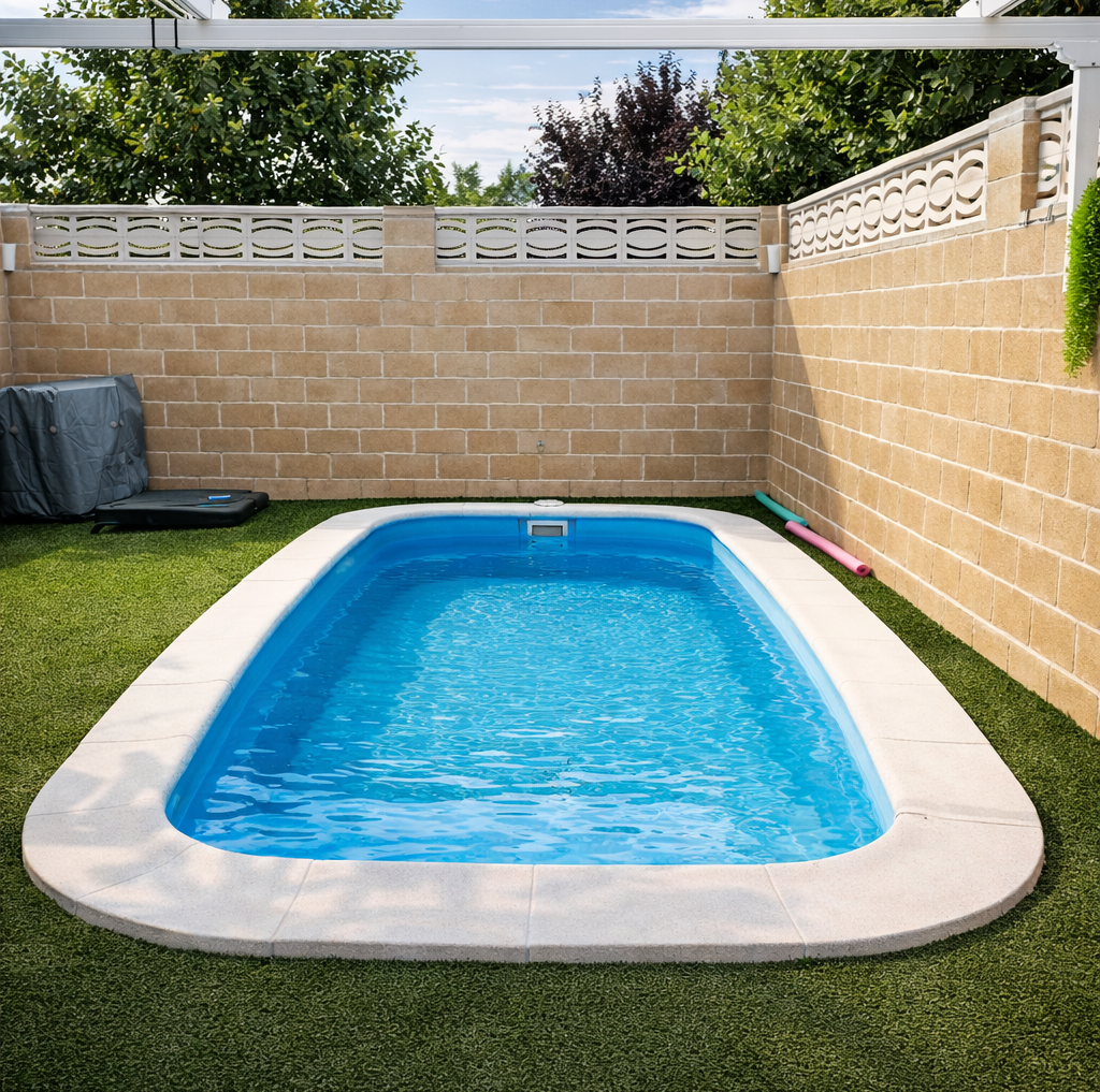 Piscina con iluminación LED subacuática para disfrutar del jardín durante la noche