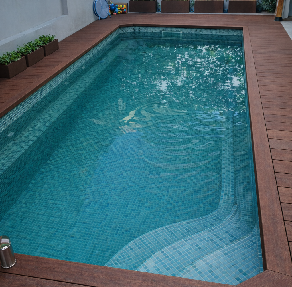 Instalación de piscina prefabricada de poliéster reforzado con fibra de vidrio en jardín privado